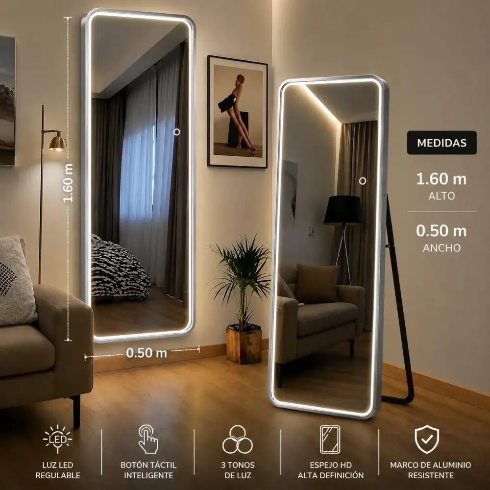Espejo LED de Cuerpo Completo Plateado